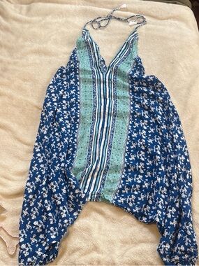 Blue Floral Striped Halter Romper